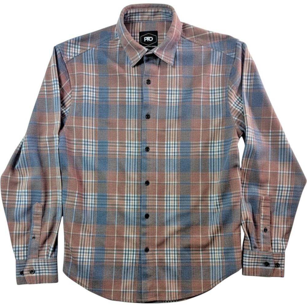 PTO Plaid Tech Flannel Button Down Shirt Mens Size M Brown‎ Blue Western Stretch
